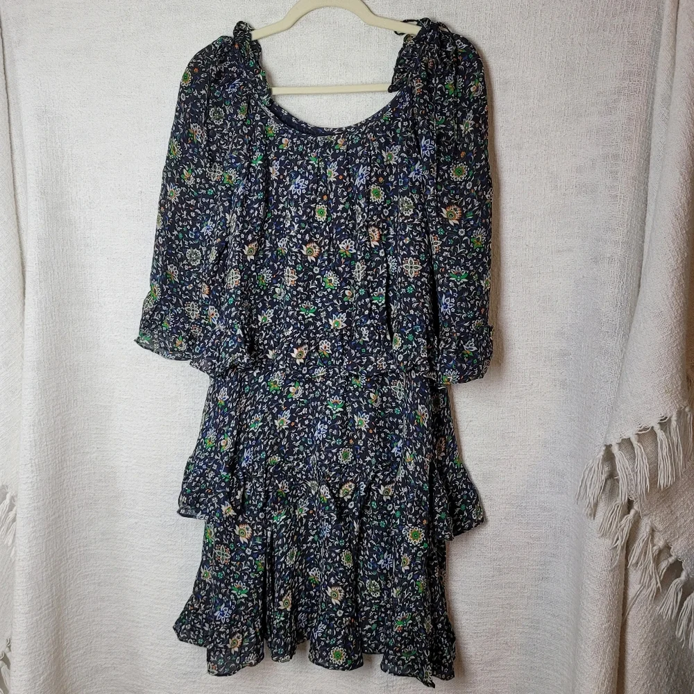 Tory Burch 100% Silk Printed Ruffle Dress Green Floral Size 2 Boho